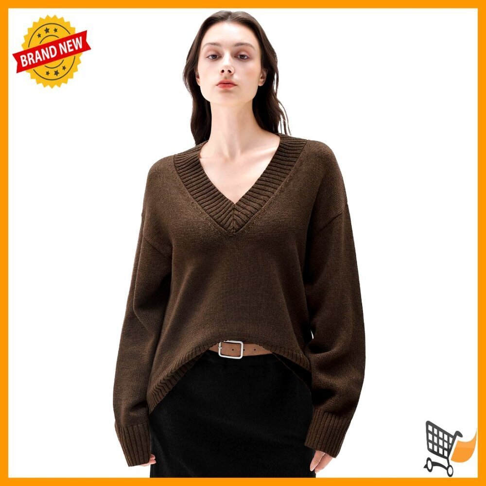 Cashmere Blend Oversized V Neck Pullover Sweater Chunky Knit Cozy Minimal